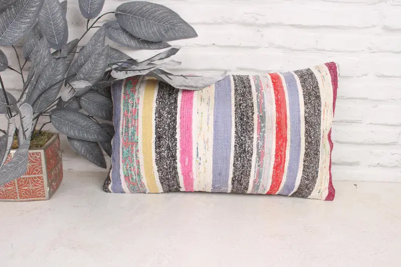 Toss Cushion, Ethnical Kilim Rug Pillow, Turkish Pillow, Bolster Pillow Case, 12x20 Pink Pillow Cover, Kilim Pillow Cover, Pillow Case - 1