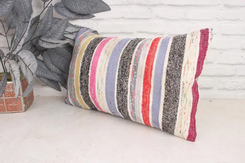 Toss Cushion, Ethnical Kilim Rug Pillow, Turkish Pillow, Bolster Pillow Case, 12x20 Pink Pillow Cover, Kilim Pillow Cover, Pillow Case - 4