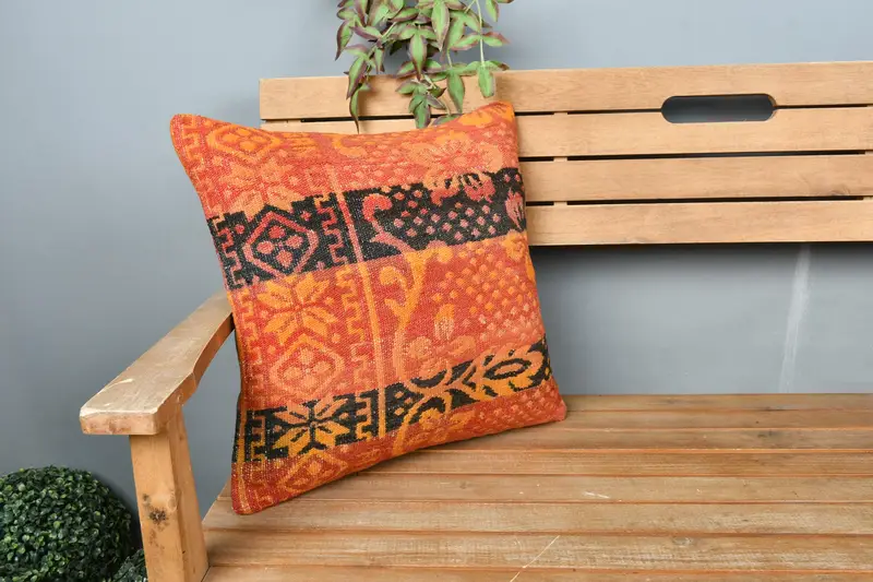 Kilim Cushion Sham, Pillow for Couch, Authentic Pillow Sham, 18x18 Orange Cushion, Pillow Cover, Turkish Pillow, Armchair Cushion - 1