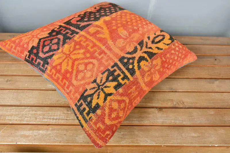 Kilim Cushion Sham, Pillow for Couch, Authentic Pillow Sham, 18x18 Orange Cushion, Pillow Cover, Turkish Pillow, Armchair Cushion - 2