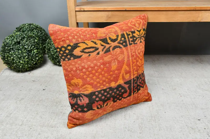 Kilim Cushion Sham, Pillow for Couch, Authentic Pillow Sham, 18x18 Orange Cushion, Pillow Cover, Turkish Pillow, Armchair Cushion - 7