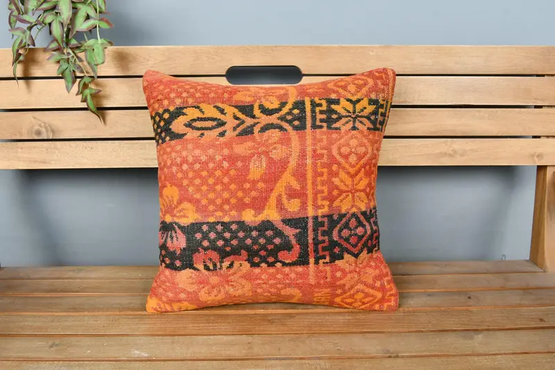 Kilim Cushion Sham, Pillow for Couch, Authentic Pillow Sham, 18x18 Orange Cushion, Pillow Cover, Turkish Pillow, Armchair Cushion - 6