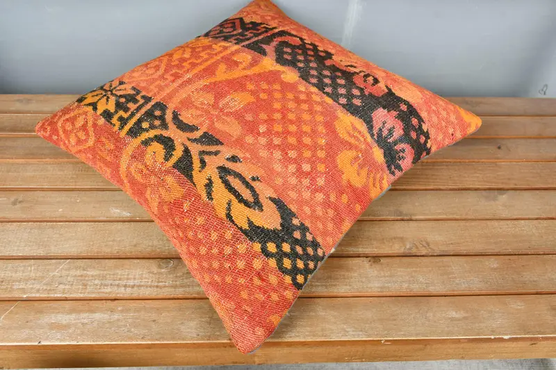 Kilim Cushion Sham, Pillow for Couch, Authentic Pillow Sham, 18x18 Orange Cushion, Pillow Cover, Turkish Pillow, Armchair Cushion - 3