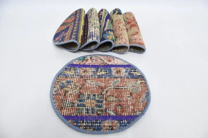 Mantel individual bohemio con círculo rojo y bronce, mantel individual de algodón y lana