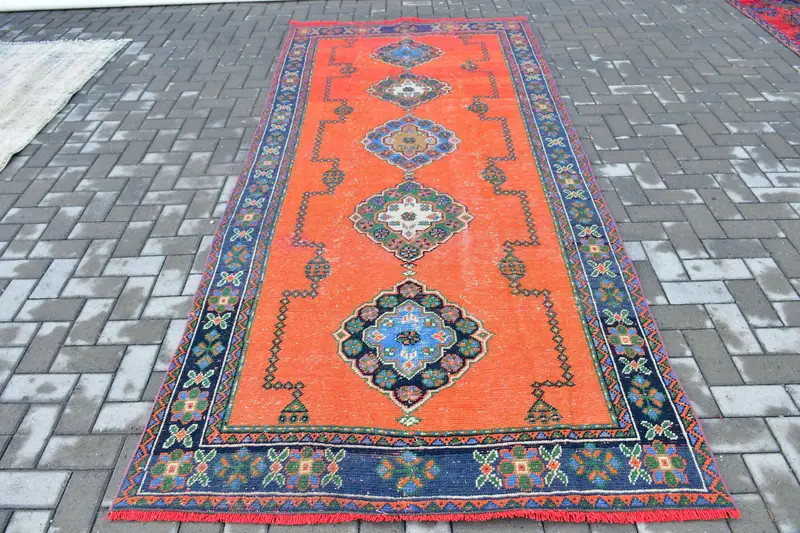 Türk 4.6x10.3 ft Halı, Oushak Vintage Halı, Kırmızı Çiçekli Yün Halı - 1