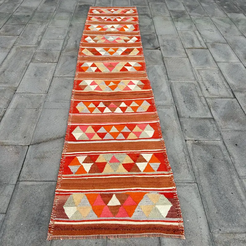 Turuncu ve Bej Halı, 2,6x12 ft Çizgili, Geometrik Şekilli