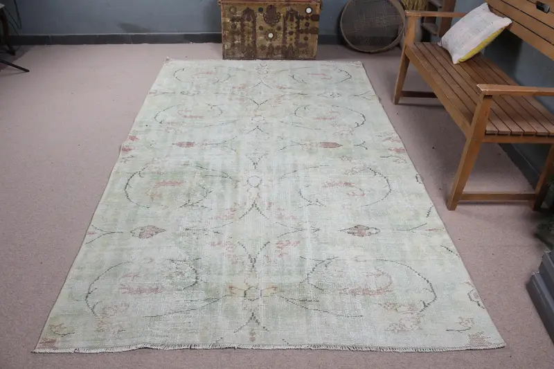 5.4x9.1 ft Rug, Vintage Oushak Rug, Turkish Green Wool Moroccan Rug - 1