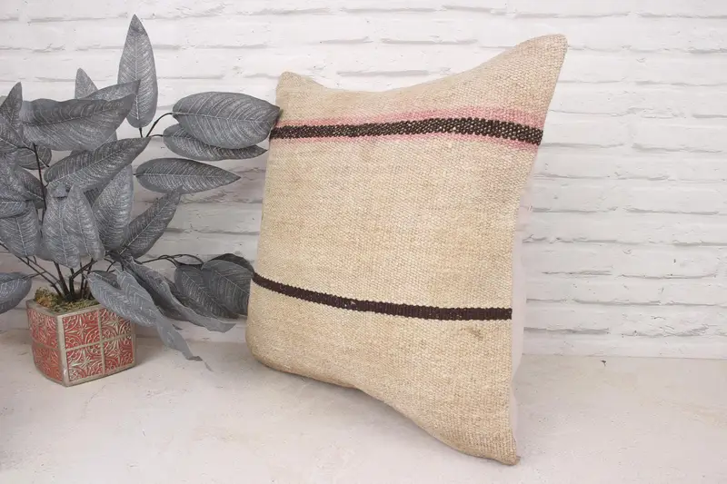 Pillow Sham, Shabby Chic Cushion Cover, Throw Kilim Pillow, Vintage Pillow, Seat Cushion, Turkish Kilim Pillow, 20x20 Beige Cushion Case - 4