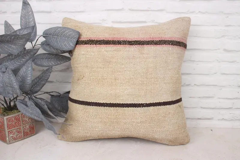 Pillow Sham, Shabby Chic Cushion Cover, Throw Kilim Pillow, Vintage Pillow, Seat Cushion, Turkish Kilim Pillow, 20x20 Beige Cushion Case - 1