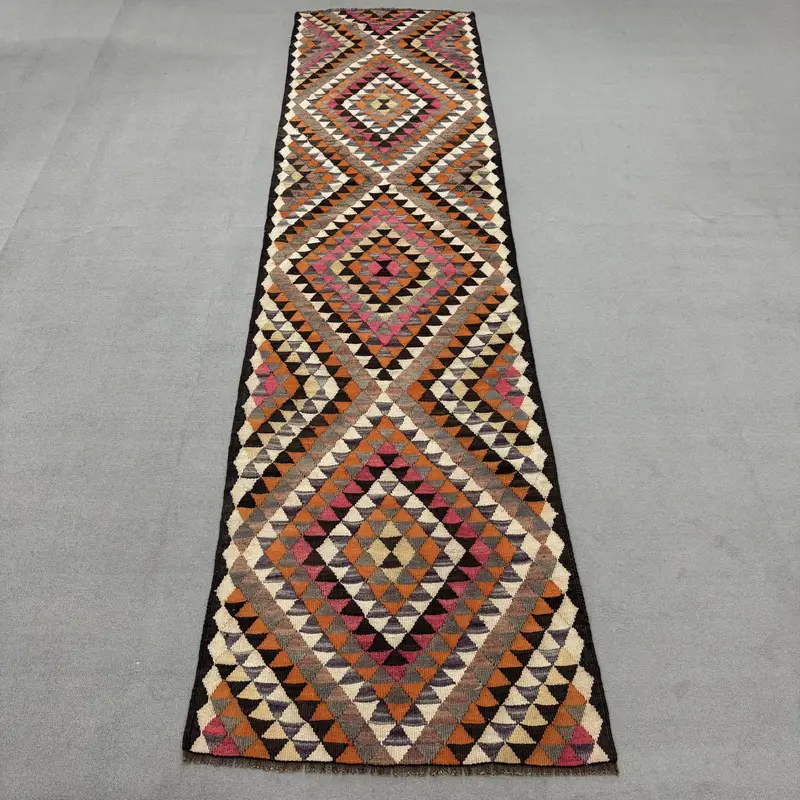 Kilim Rug, 3.2x12.2 ft Vintage Rug, Orange Bordered Rug Wool - 1