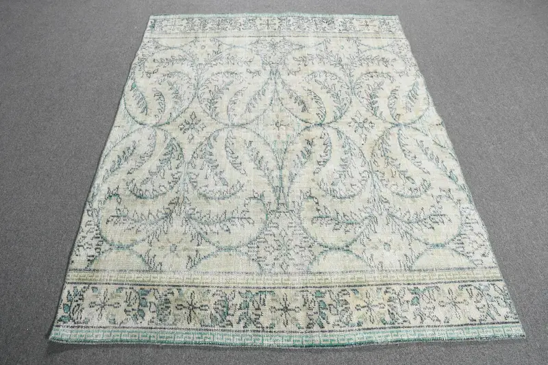 Turkish 4.5x5.7 ft Rug, Oushak Vintage Rug, Blue Patchwork Rug Wool - 1