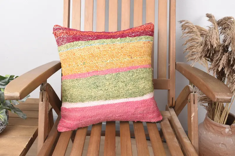 6x6 inch Vintage Moroccan Pillow Cover, Striped DesignerGreen Cushion Case - 1