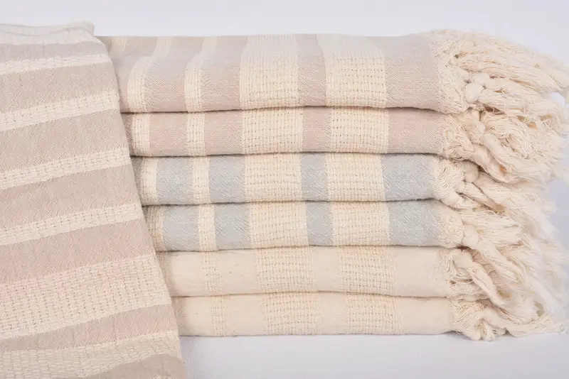 Monogram Tea Towel, Organic Cotton Beige Striped, 40x16 Inches