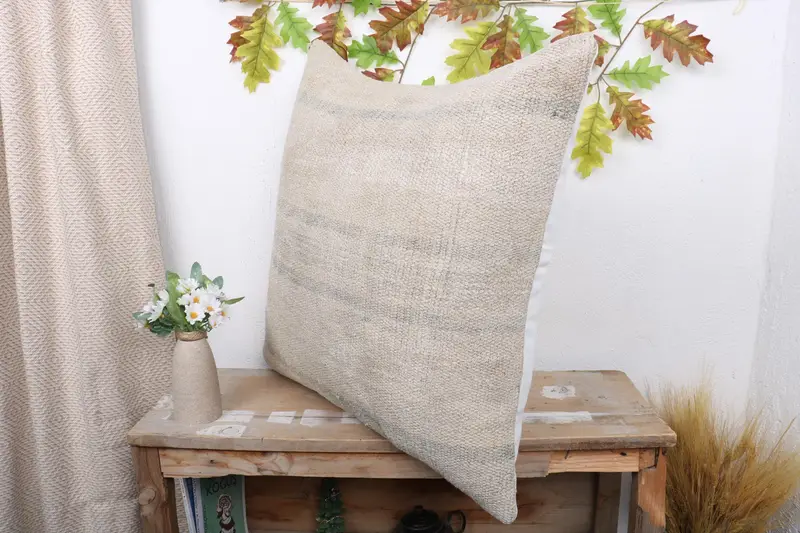 Seat Pillow Cover, Vintage Pillow, 24x24 Beige Pillow, Pillow for Sofa, Vintage Kilim Pillow, Cushion Cover, Living Room Throw Pillow Sham - 4