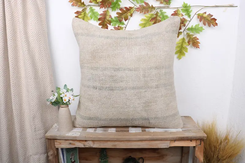 Seat Pillow Cover, Vintage Pillow, 24x24 Beige Pillow, Pillow for Sofa, Vintage Kilim Pillow, Cushion Cover, Living Room Throw Pillow Sham - 1