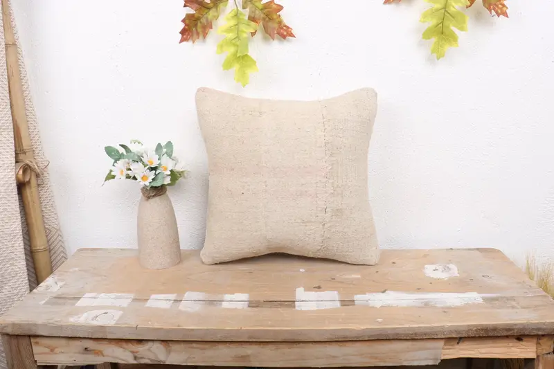 Accent Cushion Cover, Handmade Kilim Cushion, 12x12 Beige Pillow Sham, Interior Designer Pillow, Pillow Sham, Vintage Kilim Throw Pillow - 1