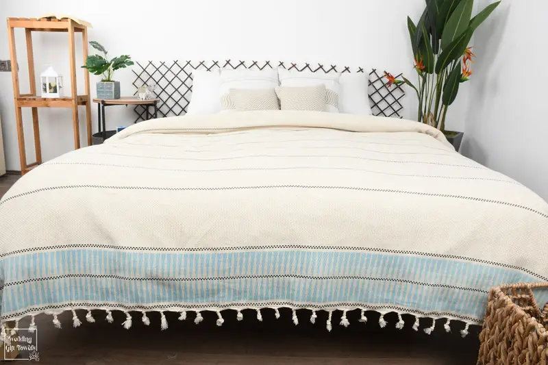 Linen Striped Turkish Throw Blanket Beige Geometric Kantha, 95x103 Inches