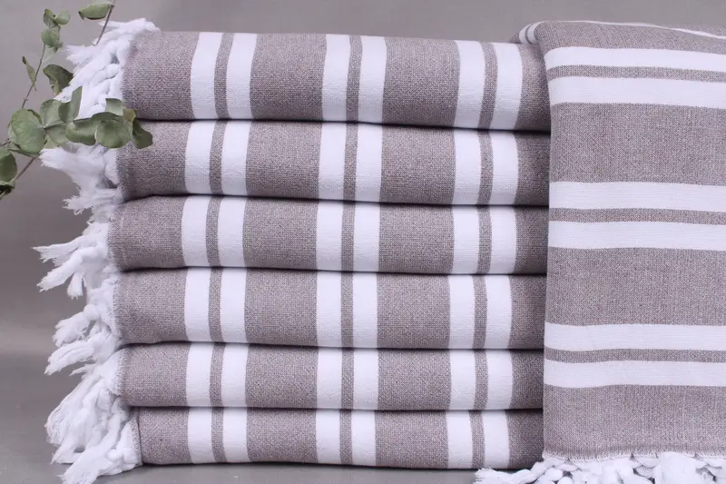 Bath Towel Organic Beach Terry Towel Brown Stripes Beige, 36x67 Inches