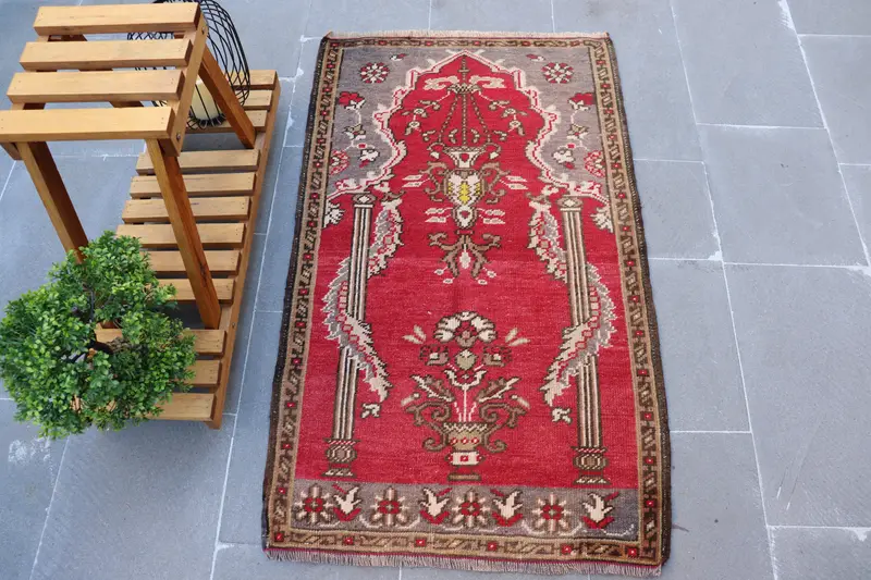 Turkish Vintage Rug, 2.3x3.8 ft Oushak Rug, Red Brown Southwestern Rug - 1