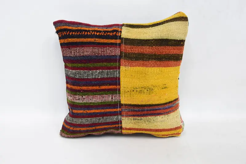 Antique Pillows, Kilim Pillow Cover, Accent Cushion Cover, Interior Designer Pillow, Cushion Case, 16x16 Yellow Cushion Cover, Handmade Pillow Sham - 1
