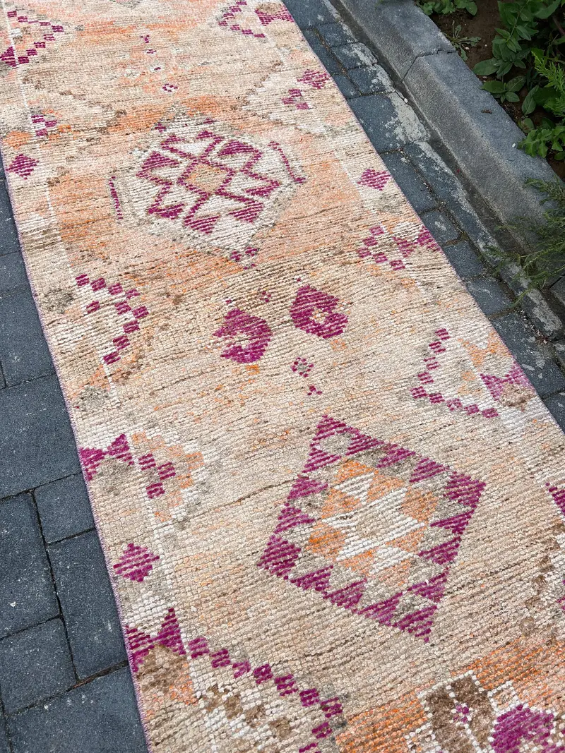 Turkish Vintage Rug, 2.7x12.8 ft Runner Rug, Pink Herki Patchwork Rug - 1