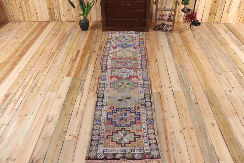 Türk Halısı, Yolluk 2.4x9.8 ft Vintage Halı, Kırmızı Mavi Paisley Yün Halı - 1