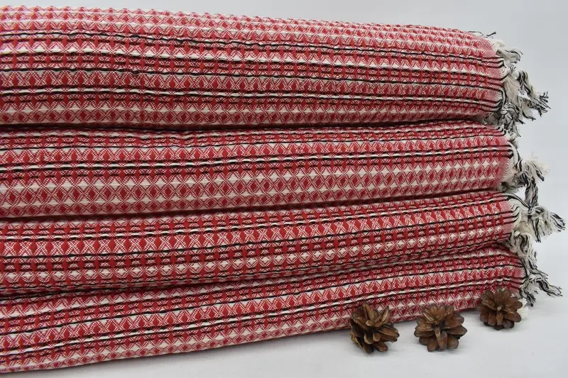 95x71 Red Striped Blanket, Organic Cotton, Boho Throw, Turkish