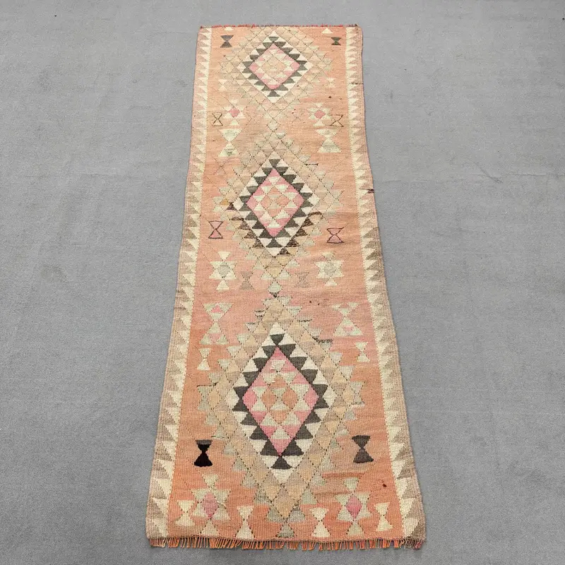 Orange, Beige Check Rug, 2.7x7.9 ft Chic Decor