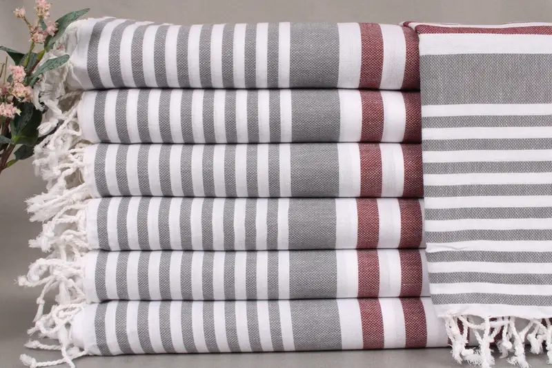 Personalized Turkish Towel Bath, Burgundy-Dark Gray Stripes, 36x67 Inches
