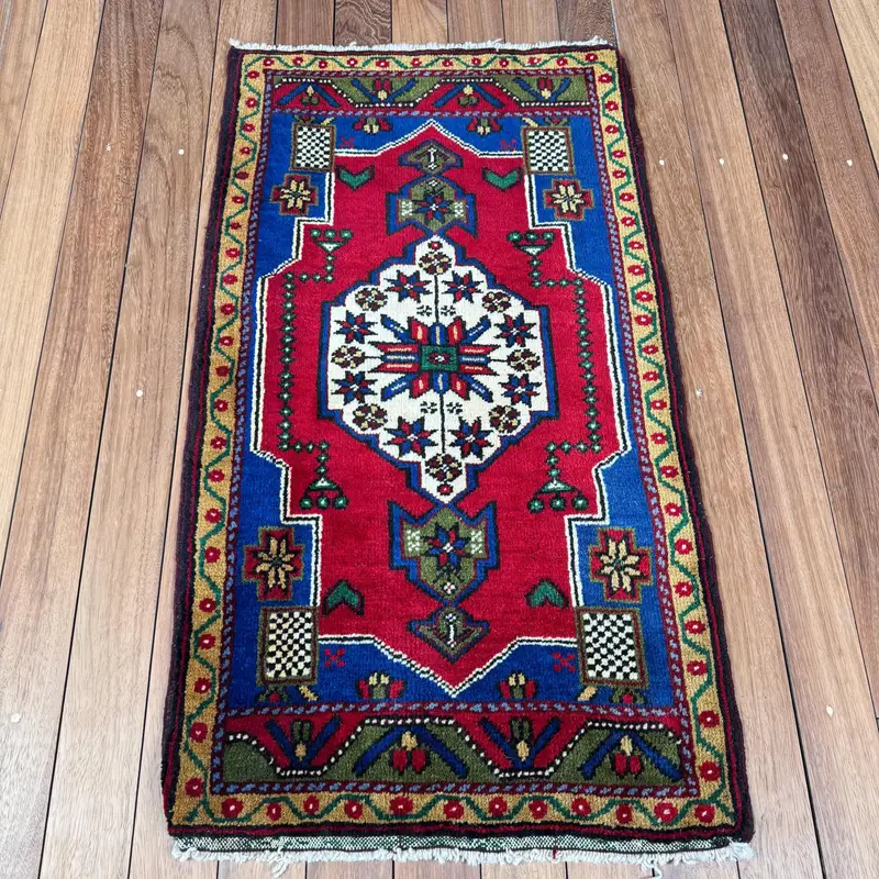 Vintage 2.1x3.7 ft Rug, Small Turkish Rug, Red Bordered Wool Rug - 1