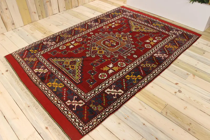 Türk Vintage Halı 5.1x7.9 ft, Oushak Kırmızı Güneybatı Yün Halı - 1