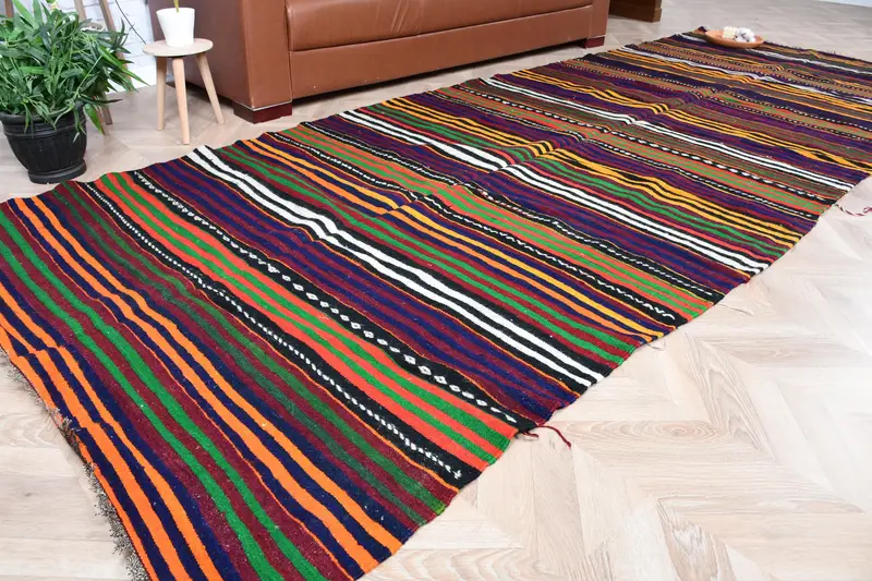 Turkish Vintage Rug, 4.7x12.5 ft Kilim Rug, Blue Green Check Rug - 1