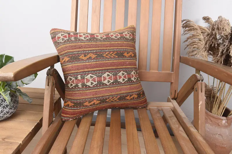 Turkish Geometric Wool Euro Sham, Antique 14x14 inch Brown Cushion - 1