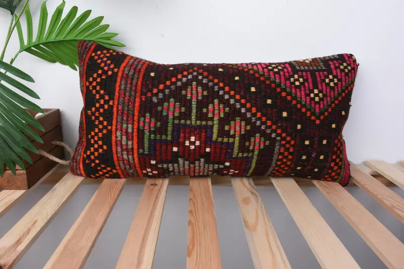 Pillow for Couch, Boho Pillow Sham Cover, Cushion Cover, Vintage Kilim Pillow, 12x24 Pink Pillow Case, Crochet Pattern Pillow Case - 1
