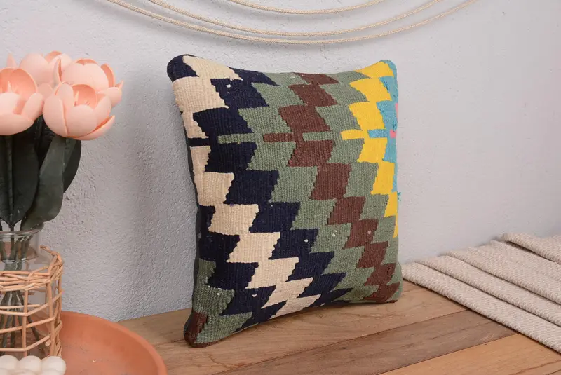 Almohada de lanzamiento geométrico marrón y gris bordado, cojín vintage