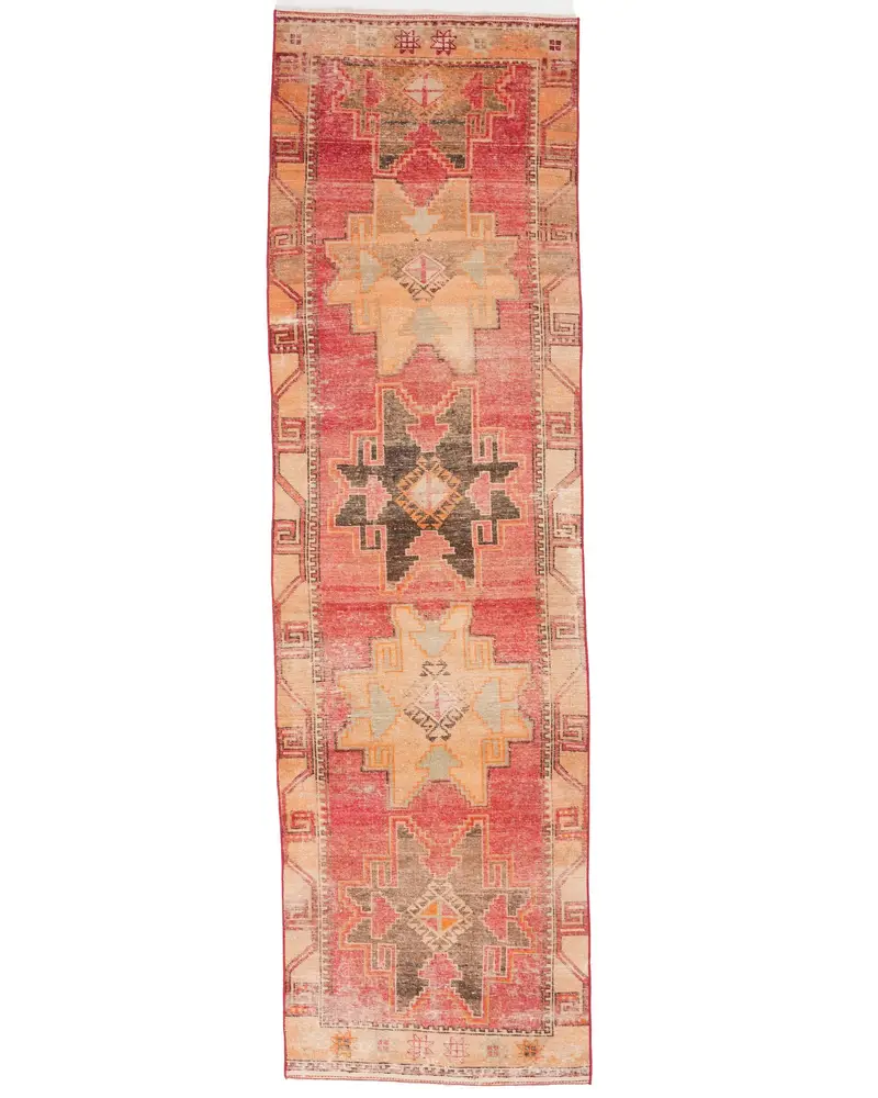 レッド&オレンジラグ、2.9x10.4フィートボーダーデザイン