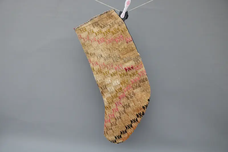 Beige Christmas Stocking with Brown Ornaments, Festive Holiday Stocking