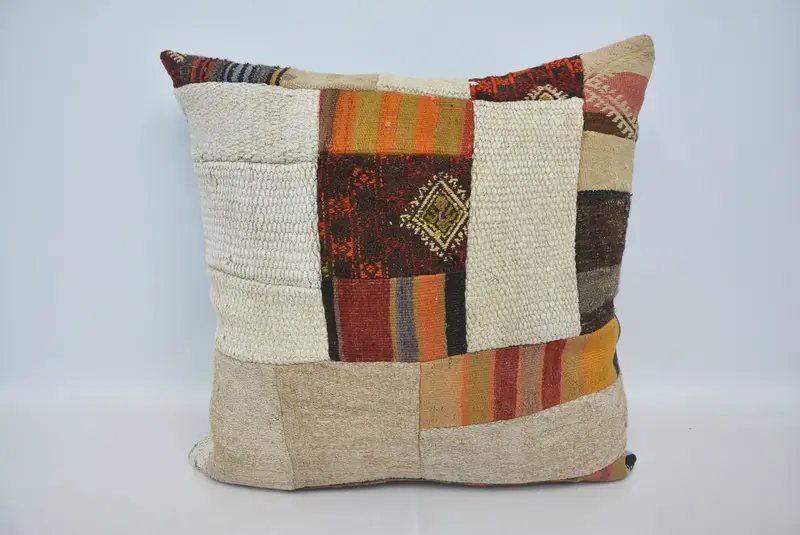 Almohada de tiro bordada vintage beige y marrón, cojín cuadrado