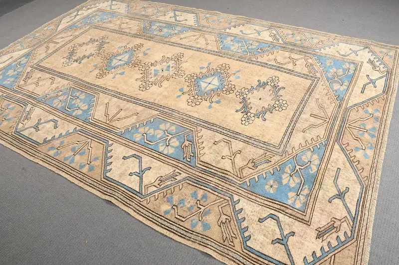 6.5x9.8 ft Rug, Vintage Turkish Large Rug, Brown Oushak Wool Rug - 1