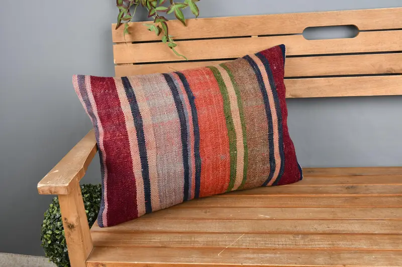 Kilim Pillow, Bench Pillow Sham, Antique Pillows, Pillow, Garden Cushion Cover, 16x24 Orange Pillow Sham, Handmade Kilim Cushion - 1