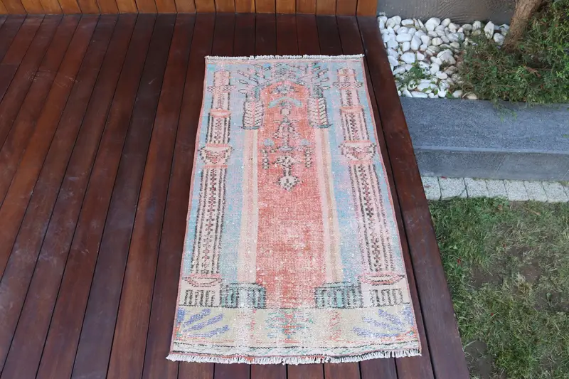 2.1x4 ft Rug, Vintage Turkish Small Rug, Red Oushak Wool Rug - 1