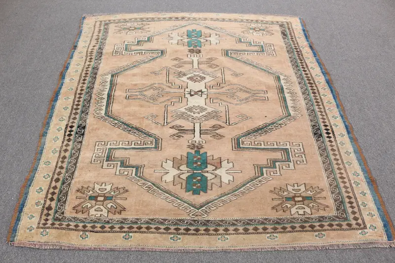Brauner, grüner Ikat-Teppich, 6,3 x 6,3 Fuß, elegantes Dekor