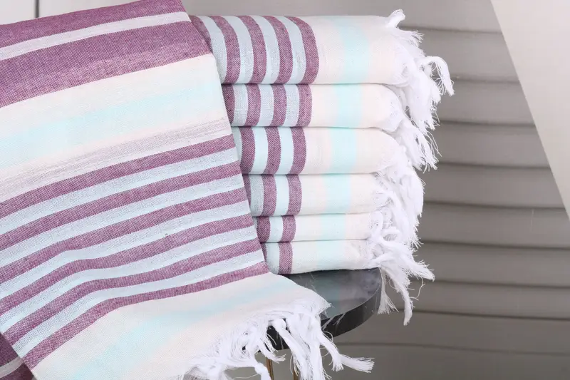 Bulk Towel Bachelorette Damson-Mint Striped Organic Cotton Towel, 40x67 Inches