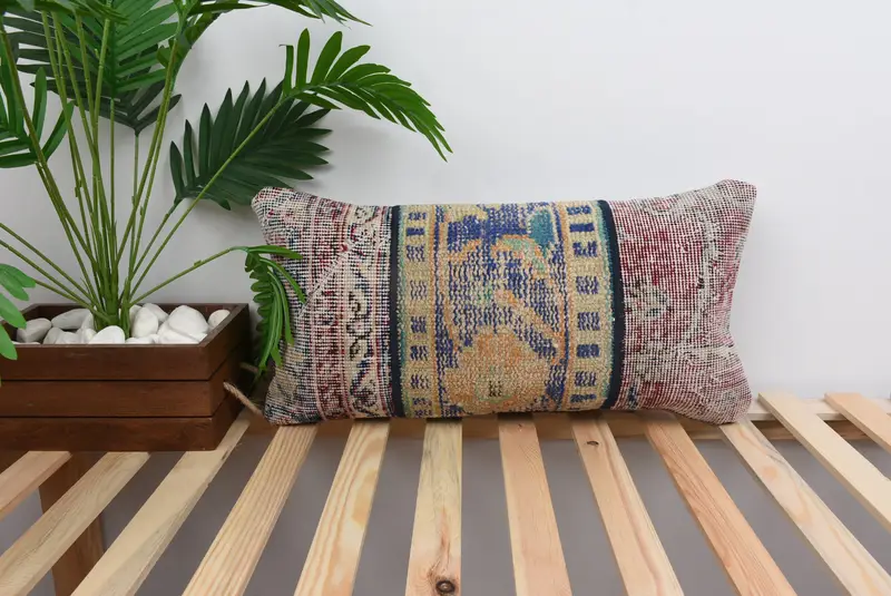 Ethnical Kilim Rug Pillow, Christmas Pillow, Bright Pillow Sham, Turkish Kilim Pillow, 12x24 Blue Pillow Case, Pillow for Couch, Cushion Cover - 1