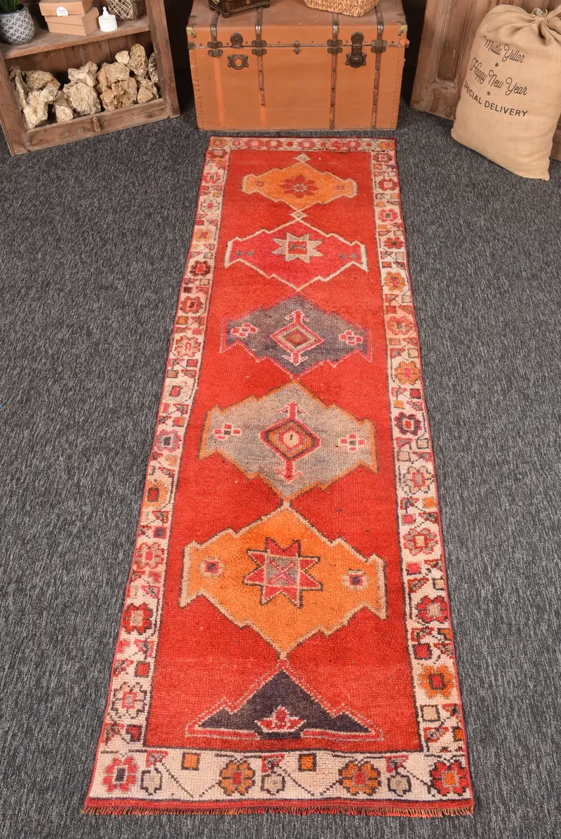 3x9.8 ft Rug, Turkish Vintage Small Rug, Red Herki Wool Rug - 1