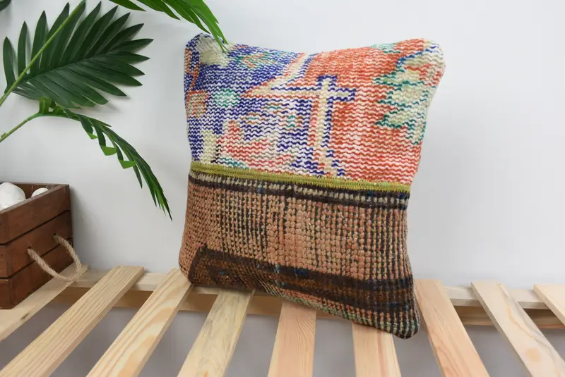 Gift Pillow, Pillow Case, Boho Throw Cushion, 14x14 Blue Pillow Sham, Pillow for Sofa, Kilim Pillow Cover, Outdoor Patio Pillow Cover - 3