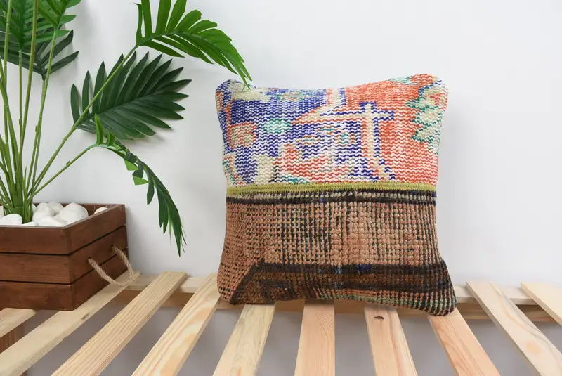 Gift Pillow, Pillow Case, Boho Throw Cushion, 14x14 Blue Pillow Sham, Pillow for Sofa, Kilim Pillow Cover, Outdoor Patio Pillow Cover - 1