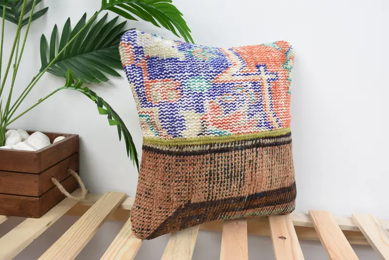 Gift Pillow, Pillow Case, Boho Throw Cushion, 14x14 Blue Pillow Sham, Pillow for Sofa, Kilim Pillow Cover, Outdoor Patio Pillow Cover - 2