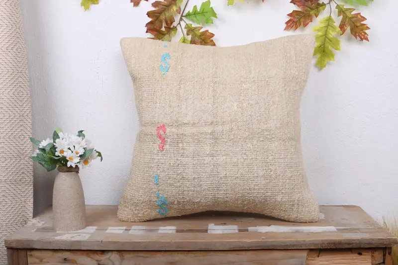 Anatolian Pillow Case, Authentic Cushion, Kilim Pillow, Boho Pillow, Cushion Case, Gift Pillow, 18x18 Beige Pillow Sham - 1