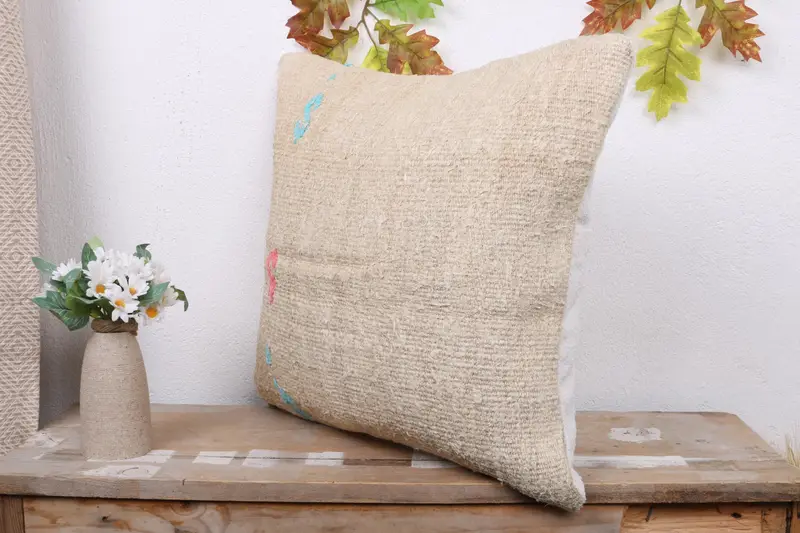 Anatolian Pillow Case, Authentic Cushion, Kilim Pillow, Boho Pillow, Cushion Case, Gift Pillow, 18x18 Beige Pillow Sham - 4